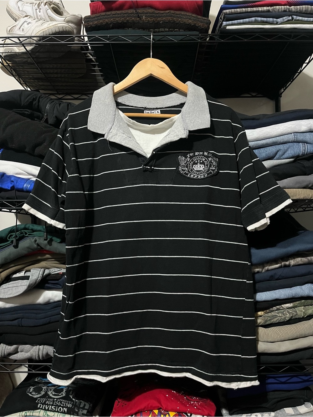 Men's Black Striped Polo with Gray Contrast Collar
